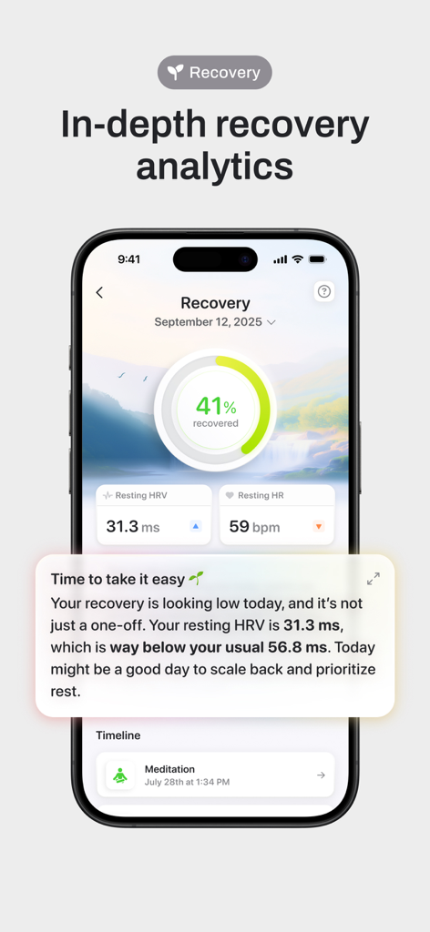 Bevel: All-In-One Health App - Bevel app interface showing detailed recovery analytics, resting HRV, and heart rate on an iPhone