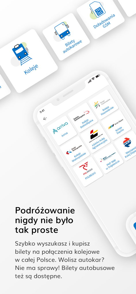 SkyCash app interface showing various Polish train and bus ticket options on a smartphone screen