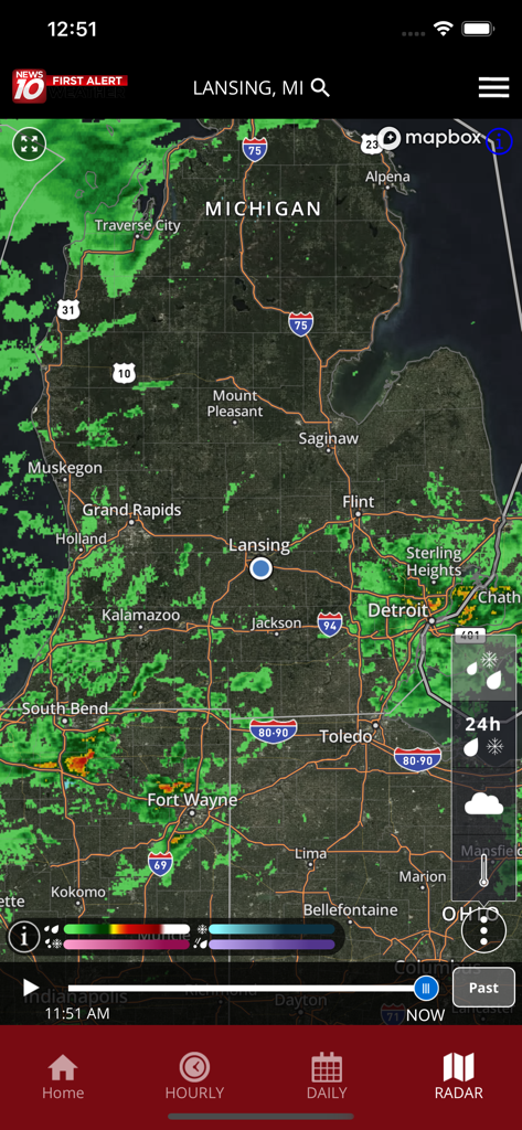 WILX First Alert Weather app showing a high resolution radar map centered on Lansing Michigan