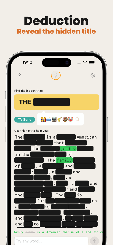 Redacto - Word Mystery - Interfaz del juego de acertijos de palabras Redacto que muestra una descripción redactada para el título de una serie de televisión misteriosa