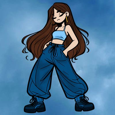 girl in baggy pants crop top and long hair