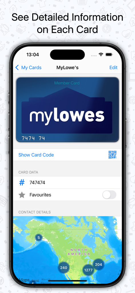 Oyko - Loyalty Cards Wallet - A detailed view of a MyLowes loyalty card in the Oyko app showing card data and a map of nearby stores.