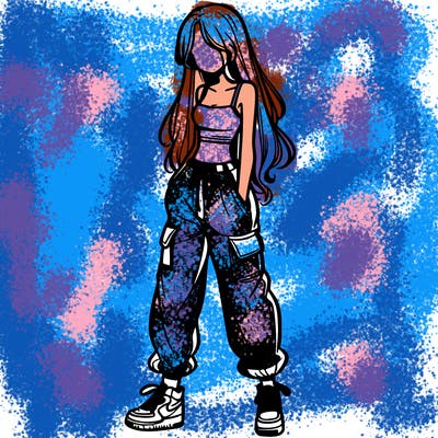 girl in baggy pants crop top and long hair