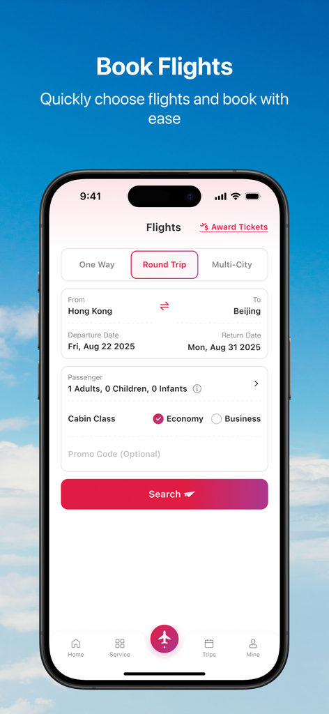 Hong Kong Airlines - Interface de l'application mobile de Hong Kong Airlines pour la recherche et la réservation de vols aller-retour