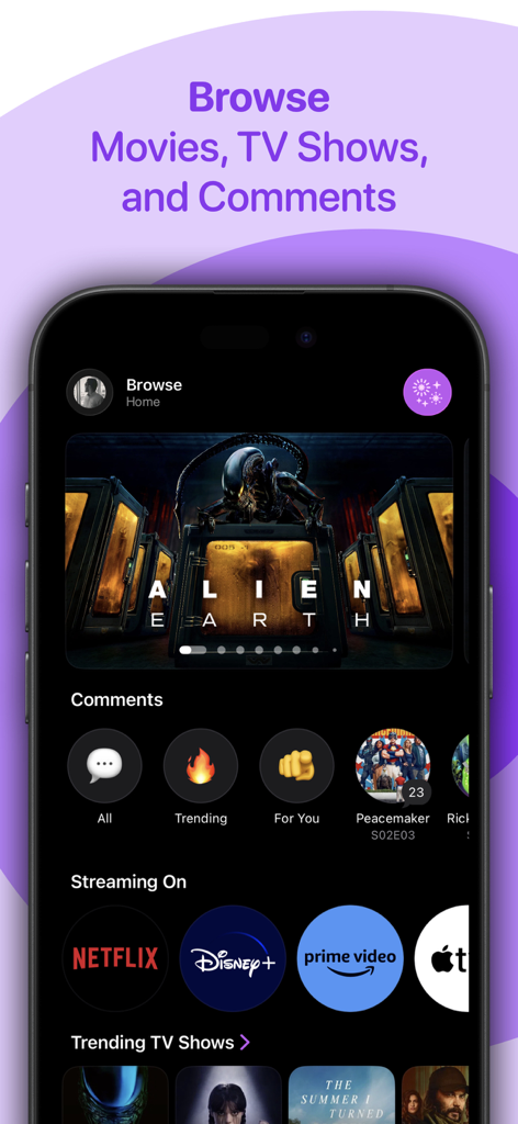 Browse screen of the Rippple for Trakt app showing trending content and streaming services