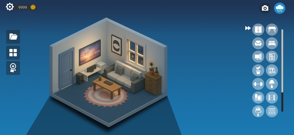 Setup Dream Room - Isometric view of a cozy living room design in the Setup Dream Room mobile app interface.