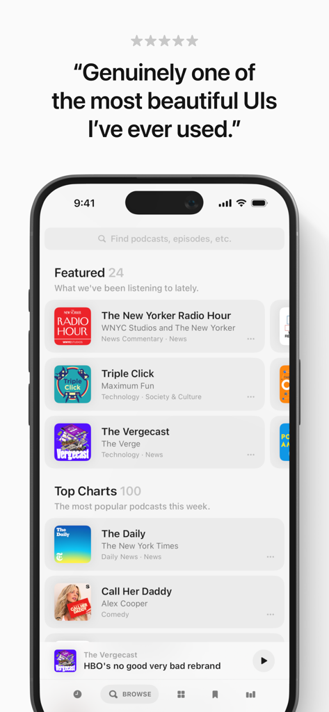 Neuecast: Podcast App - Screenshot of the Neuecast podcast app browse screen showing featured podcasts and top charts on a minimalist iOS interface