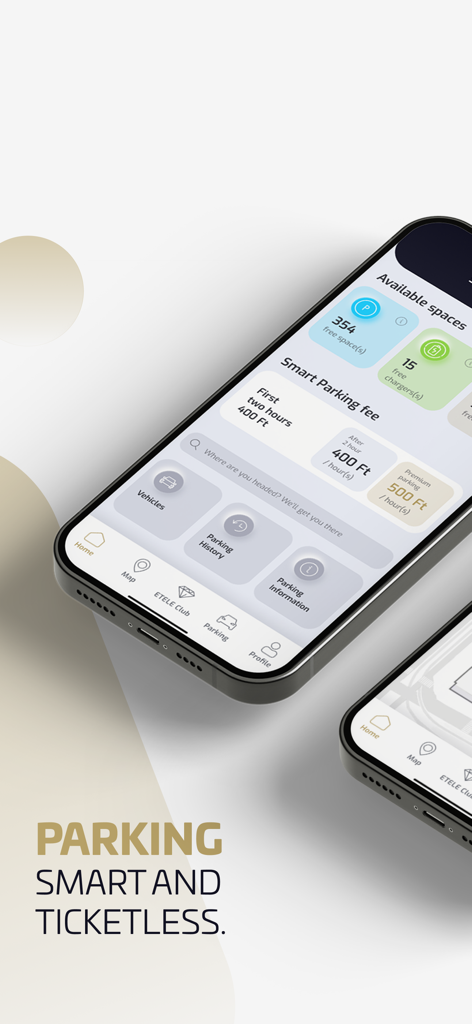 Etele Plaza - Etele Plaza mobile app screen displaying smart parking information including available spaces, chargers, and fee schedule
