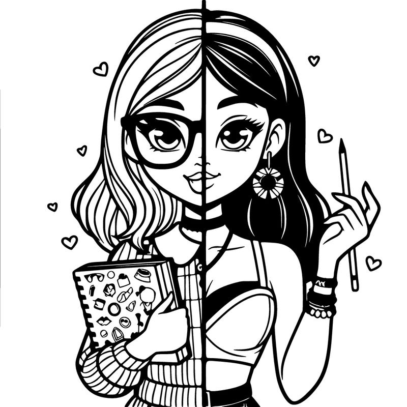 split with one side of girl nerd and one side popular