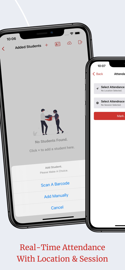 Interfaz de la aplicación COMSOL MySchool que muestra opciones para agregar un estudiante y rastrear la asistencia en tiempo real por ubicación y sesión