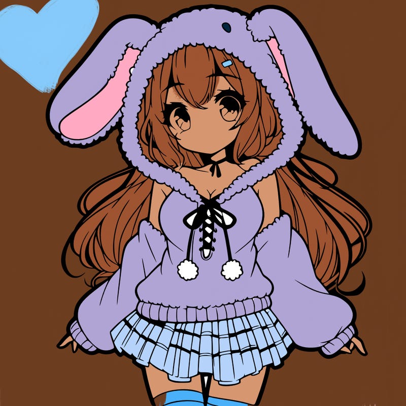 pretty anime girl wearing a fluffy hoodie with bunny ears on the hood and a skirt