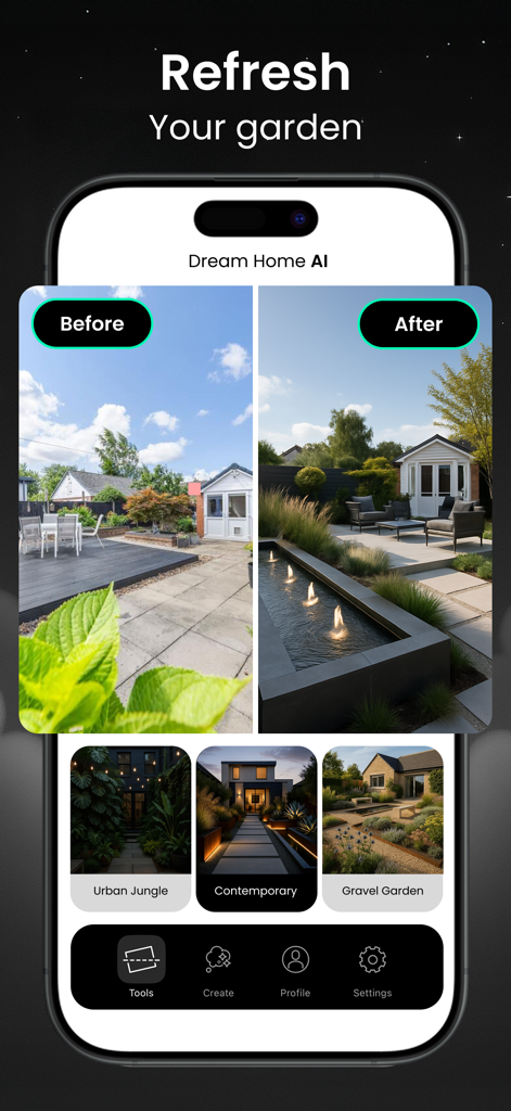 Before and after view of a garden redesign on the Dream Home AI app.