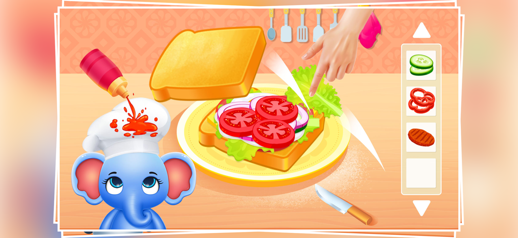 Cute elephant chef assembling a sandwich with fresh vegetables in a cooking game