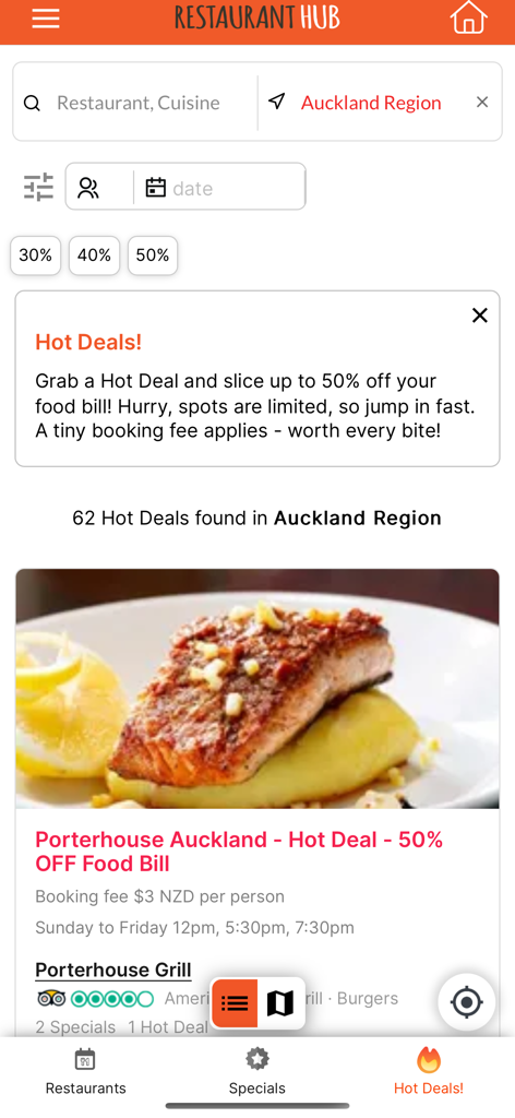 Restaurant Hub - For Customers - Restaurant Hub app interface showing 50% off hot deals for restaurants in the Auckland region