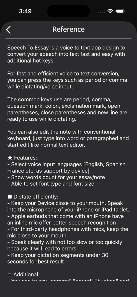 A reference screen in the Speech To Essay app listing key features and tips for efficient voice-to-text dictation.