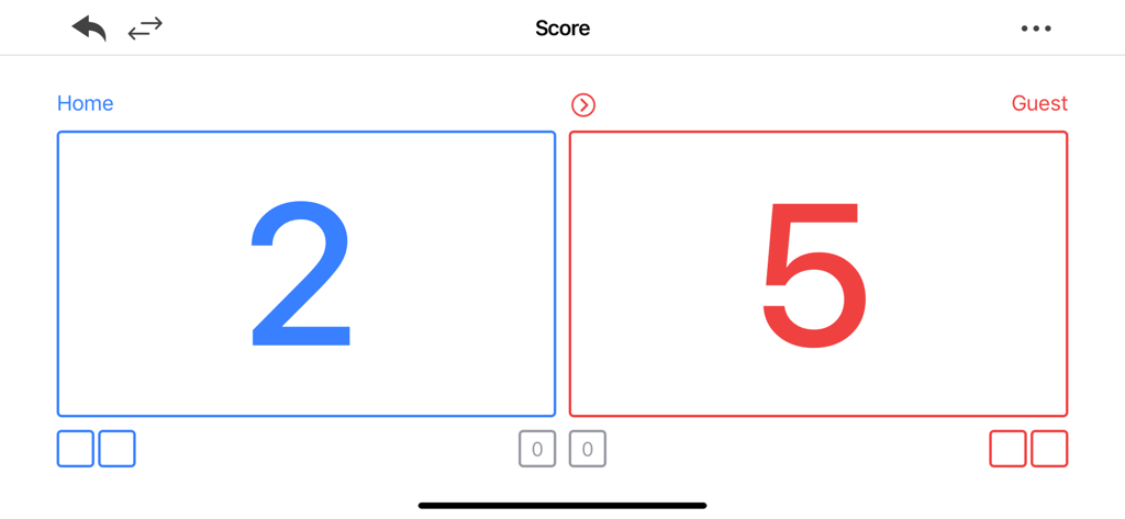 A simple volleyball scoreboard interface displaying a 2 to 5 score between home and guest teams