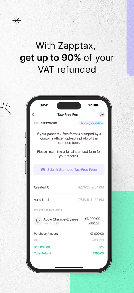 Zapptax — Shop Tax Free - Screenshot of the Zapptax app interface showing a 90 percent VAT refund calculation for a purchase in France.