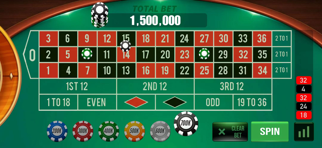 Roulette Vegas - Casino Games - Roulette Vegas casino game betting table with chips and spin button