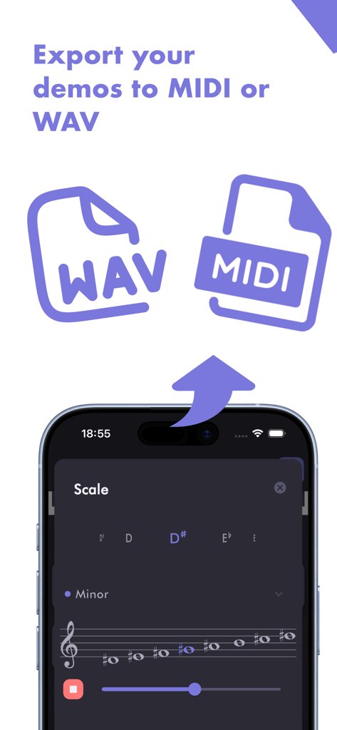 Screenshot of Horucco app showing MIDI and WAV export icons and a scale selection interface