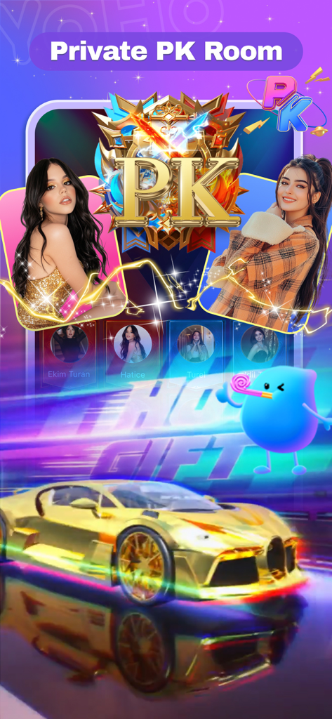 YoHo - Group Voice Chat - Interfaccia dell'app YoHo che mostra una stanza PK privata con un regalo virtuale di un'auto sportiva d'oro