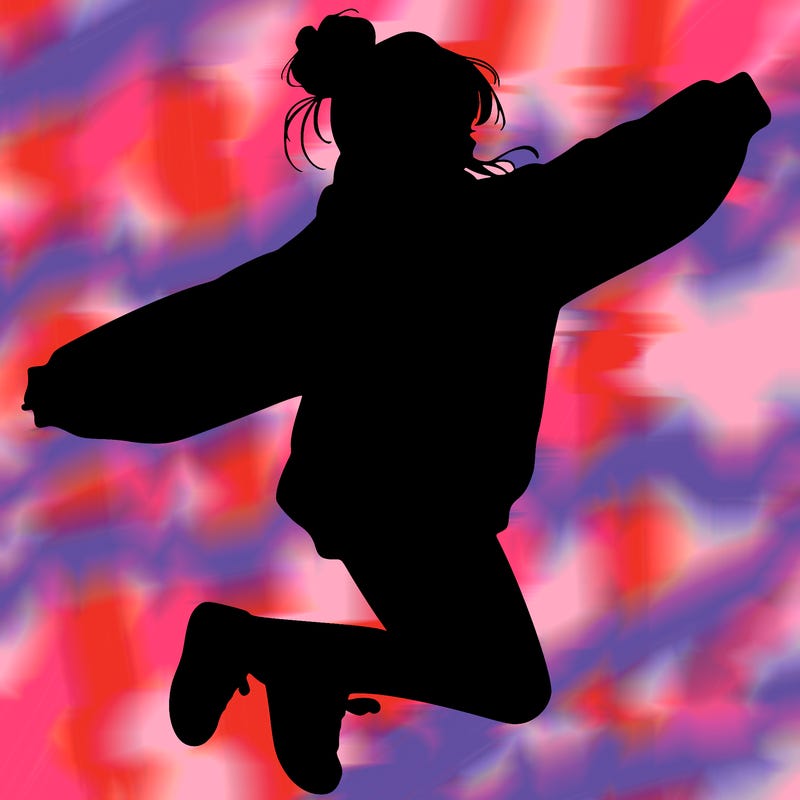 realistic girl jumping with a bun and oversized sweatshirt
