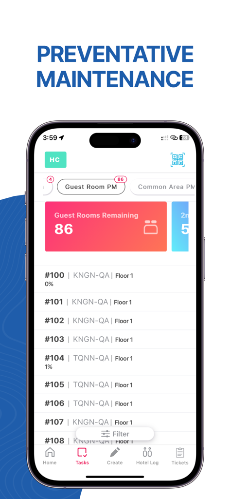 Kipsu Exceed FCX app interface showing a list of guest room preventative maintenance tasks