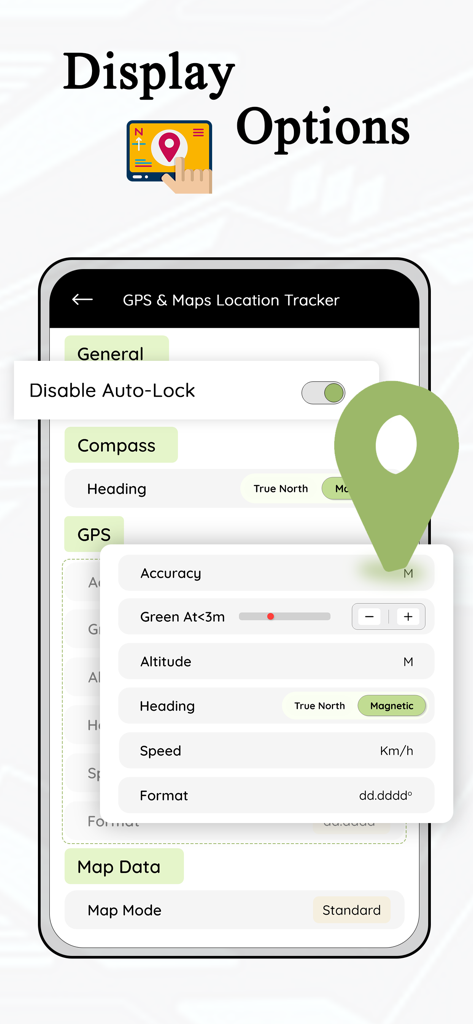 Mobile app screen showing display options for GPS settings and map data configuration.