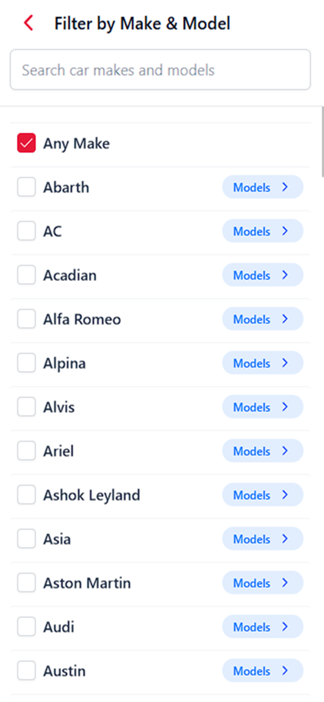 Interfaccia dell'app mobile che mostra i filtri per marca e modello di auto per CarFind.co.zm.