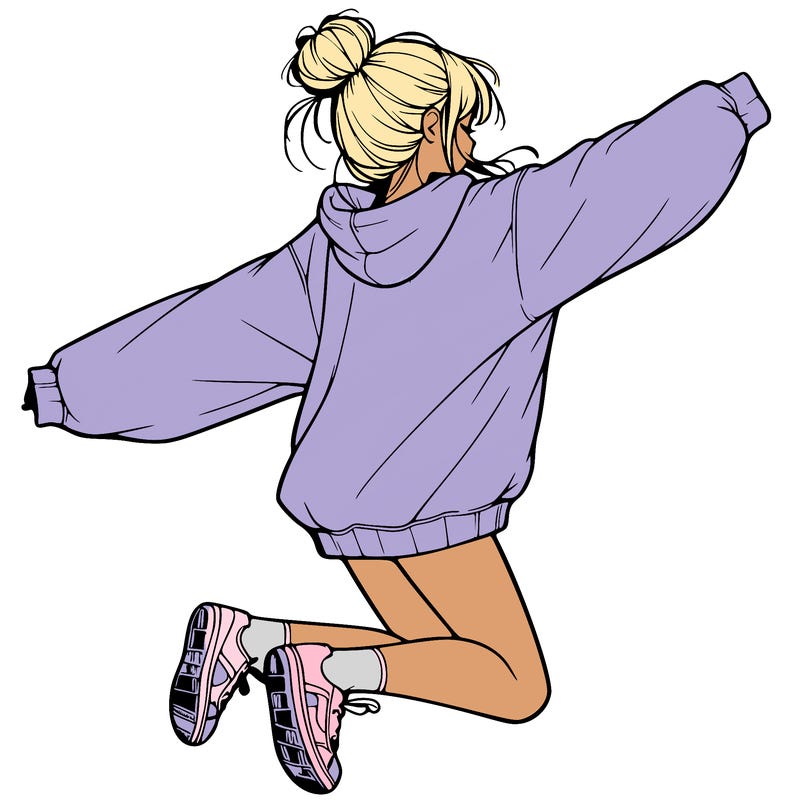 realistic girl jumping with a bun and oversized sweatshirt