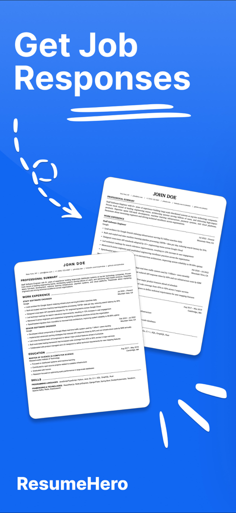 Resume Builder: ResumeHero - Visualizzazione dell'app ResumeHero con modelli di curriculum per ingegneri software professionali su sfondo blu con il testo Ottieni Risposte al Lavoro