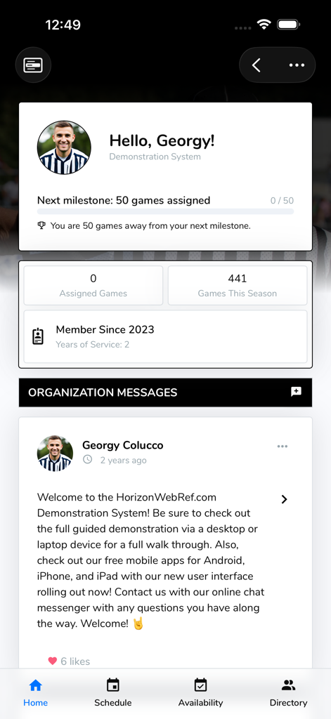 HorizonWebRef.com - HorizonWebRef app dashboard showing a referee profile with game milestones and seasonal assignment statistics.