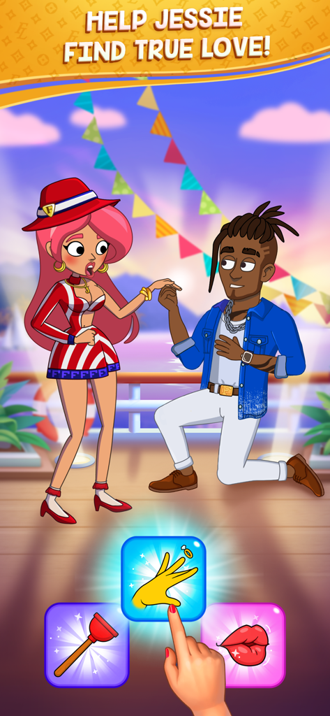 Jess' Stories - Life Adventure - A romantic proposal scene on a boat deck with interactive choice icons for the player