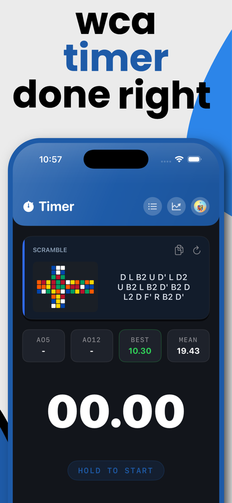 CuberPal: Cube Timer & Coach - A speedcubing timer interface with WCA-standard scramble notation and solve statistics.