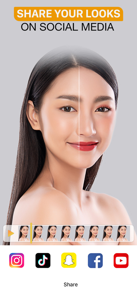 Perfect365 Video Makeup Editor - Before and after virtual makeup comparison with social media share buttons for TikTok and Instagram