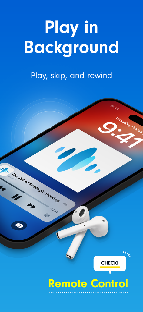iPhone lock screen showing background playback and remote control controls for Voicepaper text to speech with wireless earbuds.