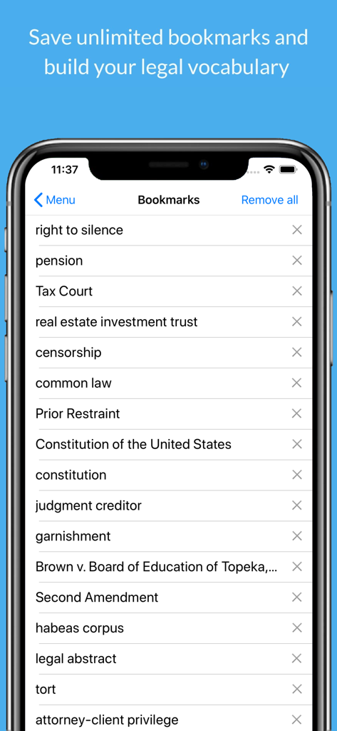 Screenshot of the bookmarks section in the Legal Dictionary app showing a list of saved legal terms such as common law and constitution.