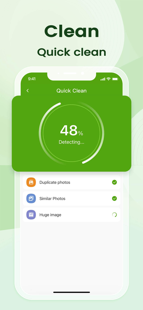 A smartphone screen displaying the Quick Clean feature scanning for duplicate and similar photos at 48 percent progress.