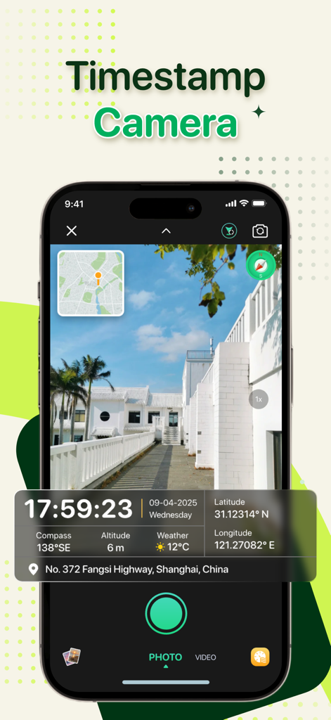 Interface of the Timestamp Camera app showing a photo with a real-time data overlay including GPS coordinates, time, and location