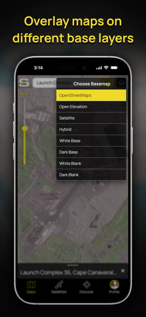 Soar - The New Atlas - Smartphone screenshot of the Soar app interface showing a menu to choose different basemap layers like Satellite and OpenStreetMaps.
