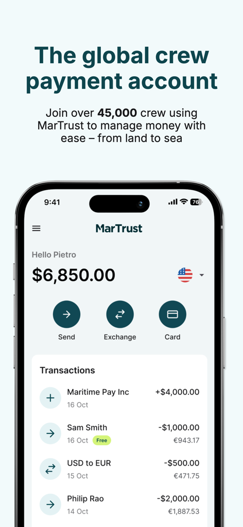 Tableau de bord de l'application MarTrust affichant le solde du compte et les transactions de paie maritime.