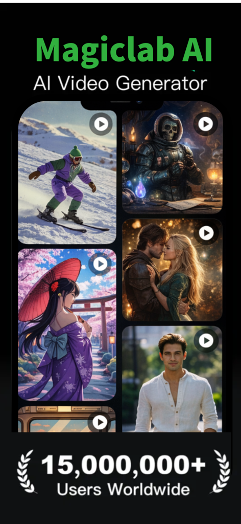 MagicLab AI – All-in-One Tools - Interfaz de la aplicación generadora de video MagicLab AI mostrando diversos estilos de video generados por IA y el hito de 15 millones de usuarios.
