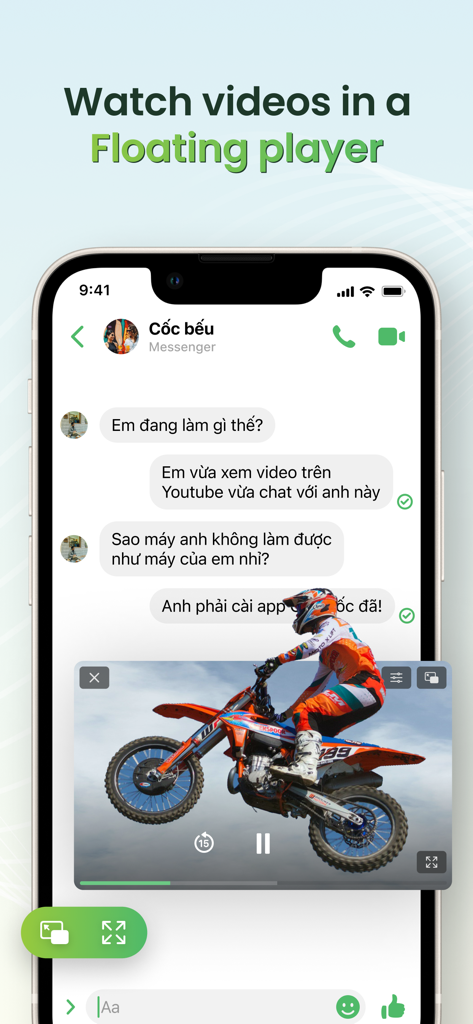 Uma tela de celular mostrando um vídeo sendo reproduzido em uma janela flutuante picture-in-picture enquanto usa um aplicativo de mensagens.