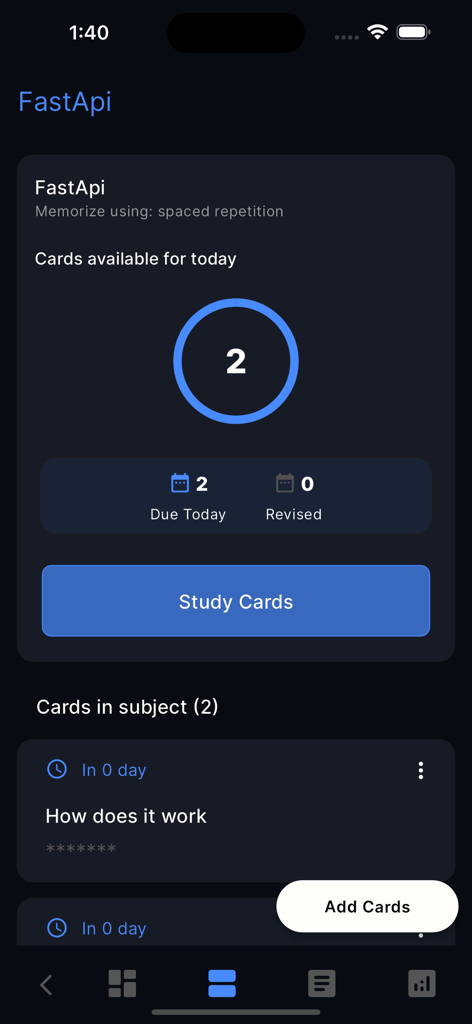 Study Tracker & Timer: TrackIt - Interfaz de la aplicación TrackIt que muestra tarjetas de memoria de repetición espaciada para un curso de FastAPI