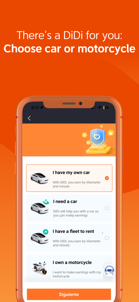 DiDi Driver App-Oberfläche, die Fahrzeugauswahloptionen für Autos und Motorräder zum Geldverdienen anzeigt