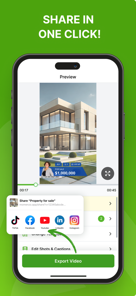 Momenzo: Real Estate Videos - Momenzo app interface showing one-click social media sharing options for real estate videos