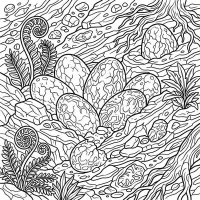 Journey back to the age of dinosaurs with this captivating coloring page featuring beautifully preserved fossilized dinosaur eggs. Explore intricate geological details and ancient plant life as you bring this prehistoric scene to vibrant life.