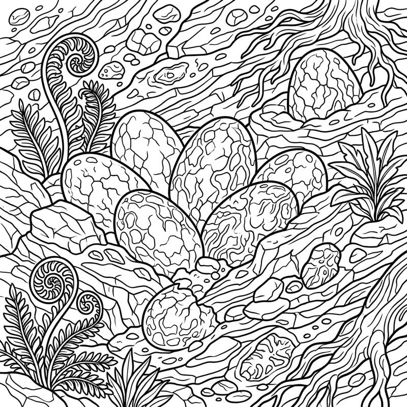 Journey back to the age of dinosaurs with this captivating coloring page featuring beautifully preserved fossilized dinosaur eggs. Explore intricate geological details and ancient plant life as you bring this prehistoric scene to vibrant life.