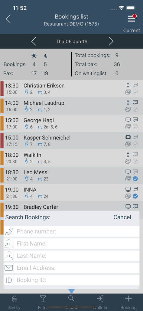 DinnerBooking Business - DinnerBooking Business app screenshot showing a restaurant bookings list with a search overlay
