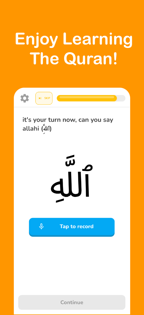 NOOR – Teaches Quran for Kids - Interface do aplicativo Noor mostrando uma lição interativa de pronúncia para crianças com um botão de gravação para praticar palavras em árabe.
