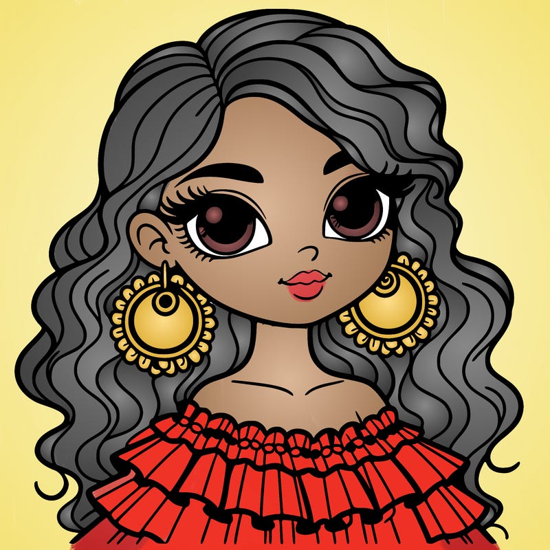 big-eyed woman with wavy hair and round earrings in a flamenco dress